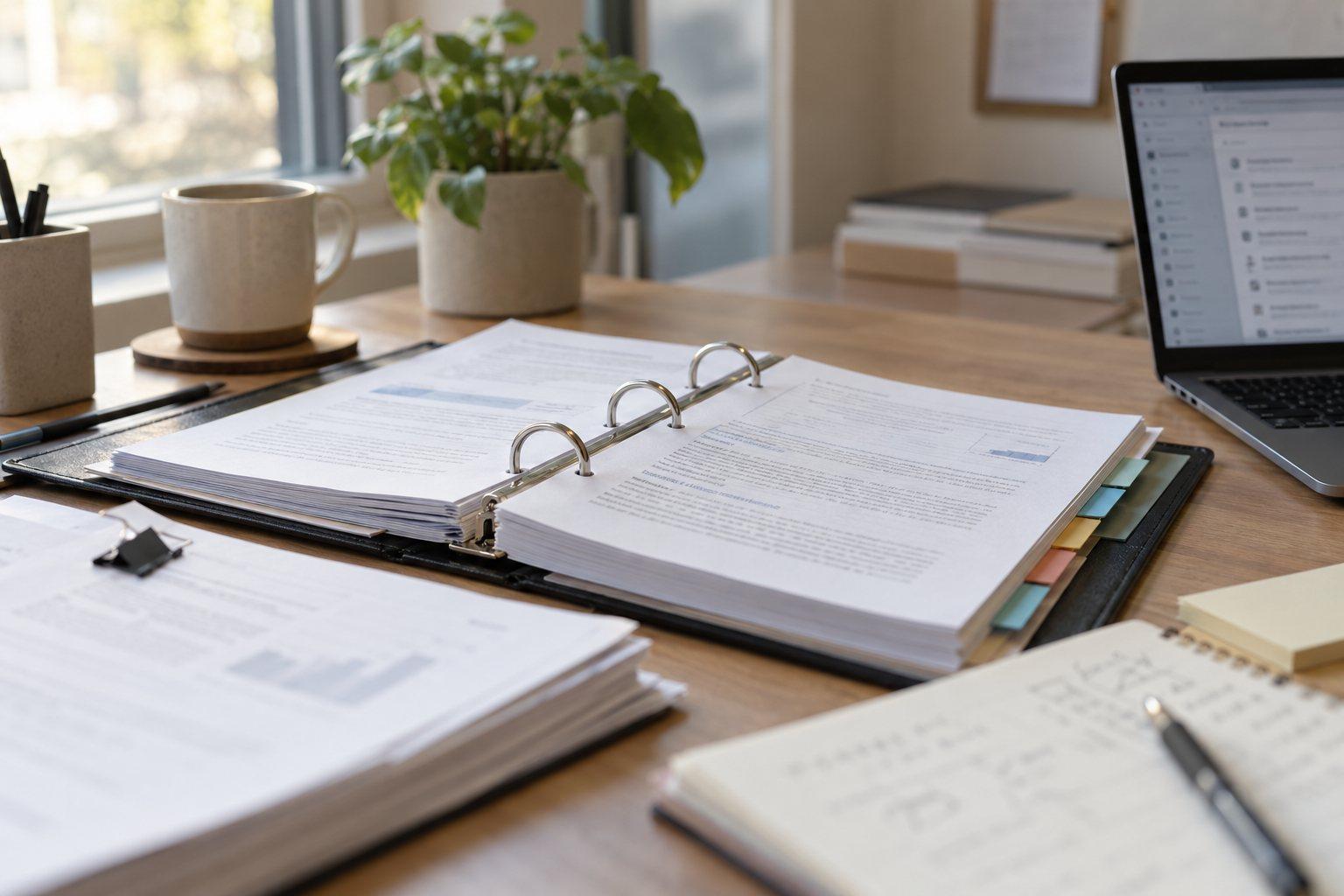 Editorial illustration of organized company documents beside a laptop showing document search.