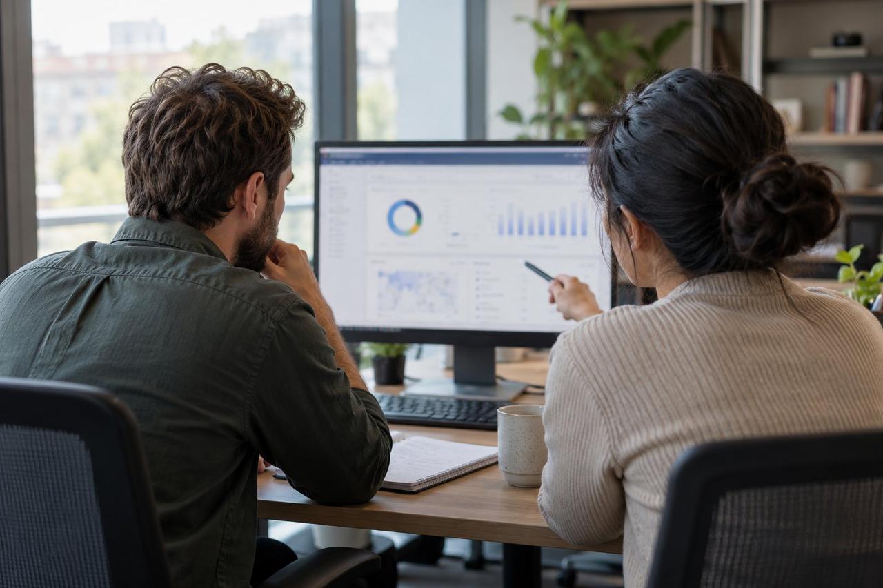 Editorial illustration of colleagues reviewing a business dashboard at an office workstation.