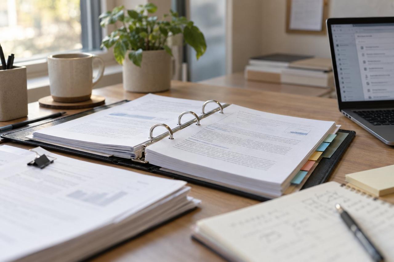 Editorial illustration of organized company documents beside a laptop showing document search.