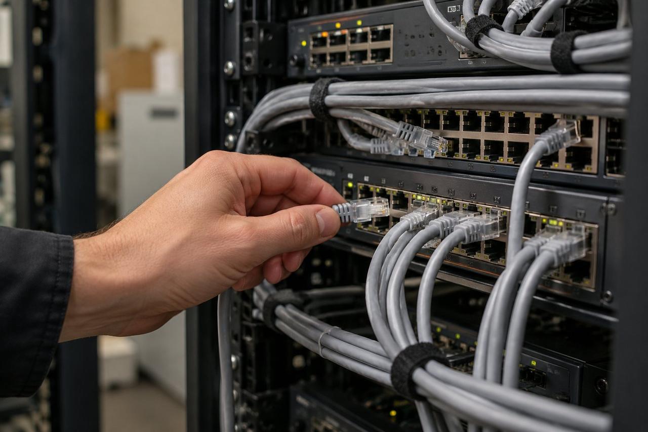 Editorial illustration of an Ethernet connection in an enterprise network rack.