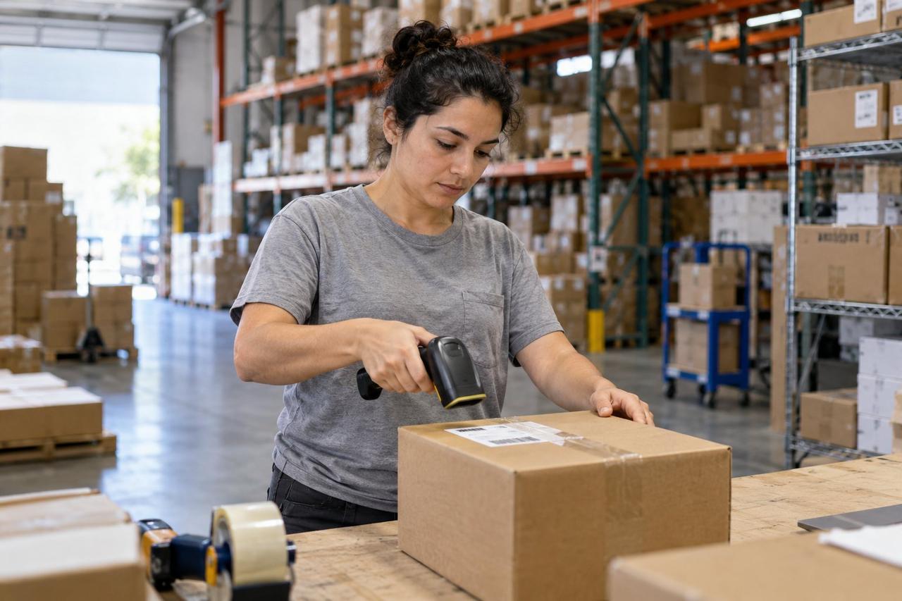 Editorial illustration of a warehouse worker scanning a carton during an order workflow.