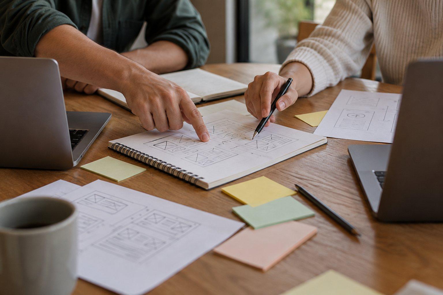 Editorial illustration of colleagues discussing software wireframes and workflow requirements.