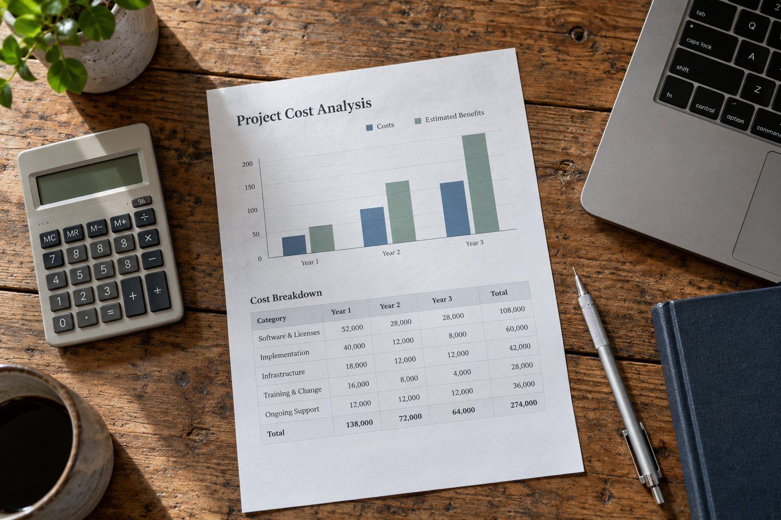 Editorial illustration of a project cost worksheet and calculator for evaluating enterprise AI return on investment.
