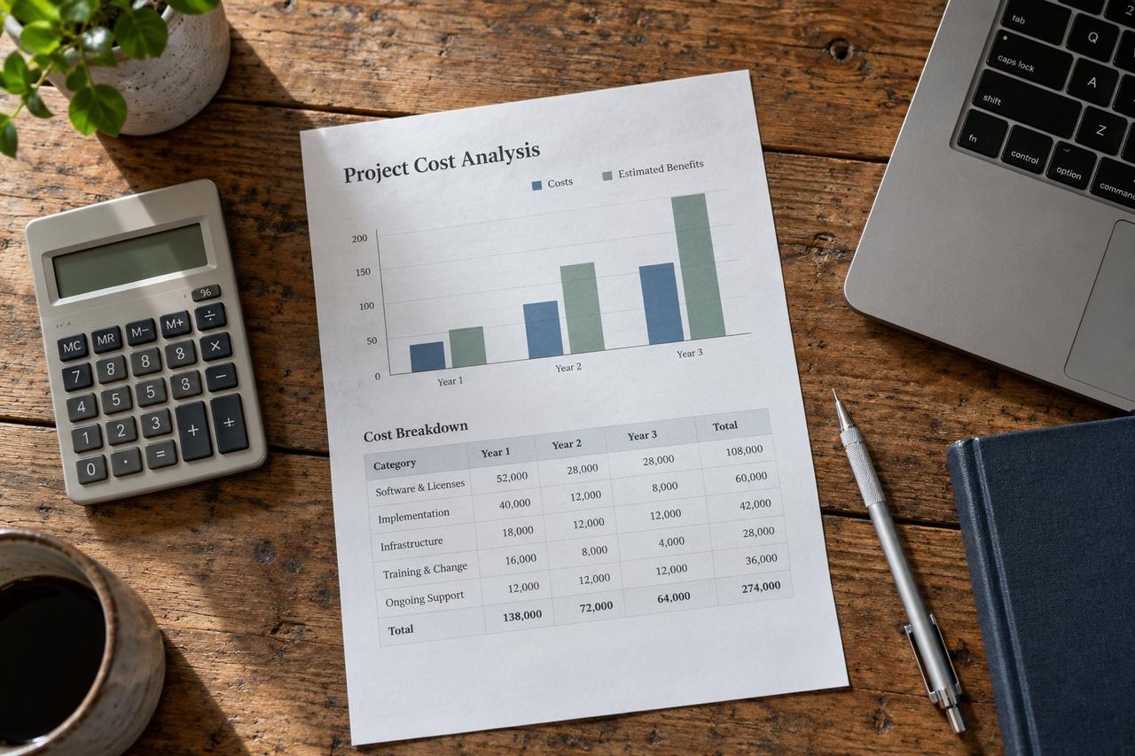 Editorial illustration of a project cost worksheet and calculator for evaluating enterprise AI return on investment.