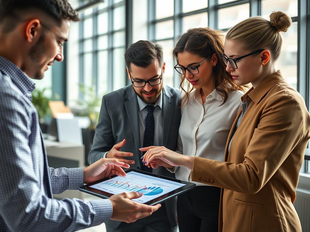 A hyper-realistic close-up shot of a professional team collaborating over a digital tablet, showcasing charts and graphs. The setting is a modern office environment with natural light, emphasizing a sense of innovation and teamwork. The primary color theme should incorporate #FF6E4E for a vibrant touch.