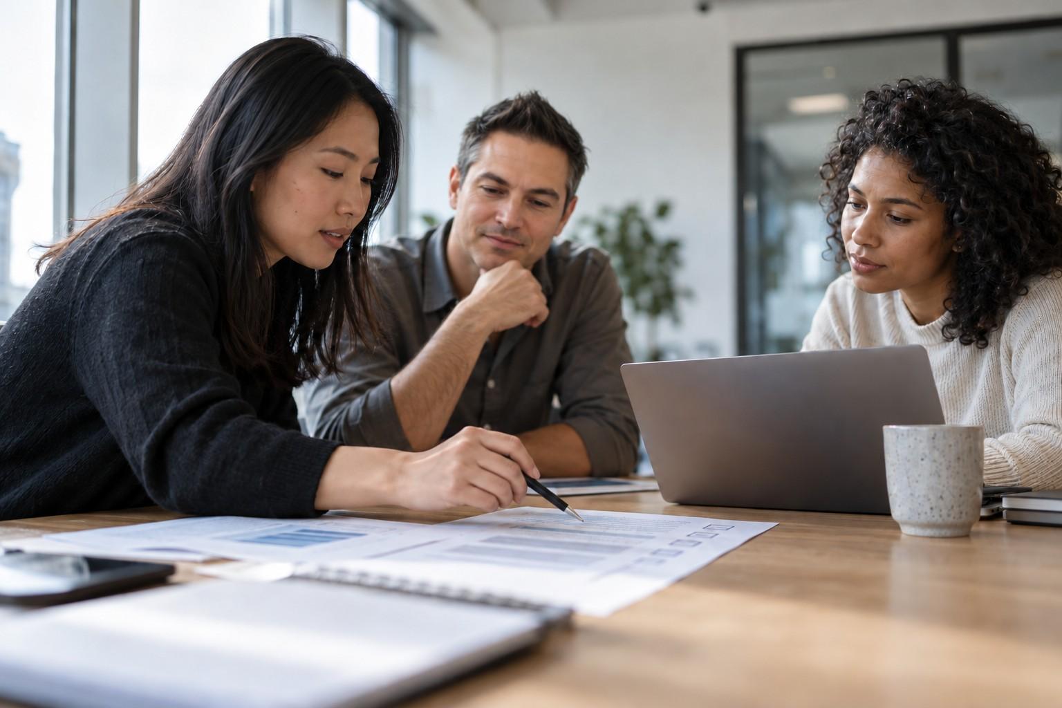 Editorial illustration of a team reviewing documents and AI governance responsibilities.