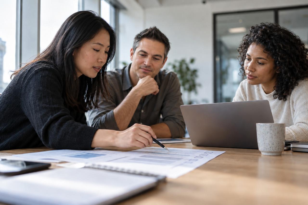 Editorial illustration of a team reviewing documents and AI governance responsibilities.