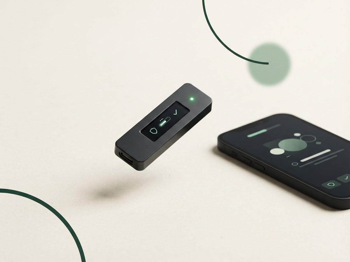 Illustration of a compact hardware wallet beside a smartphone