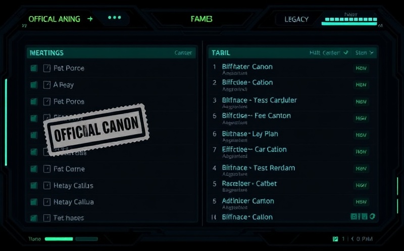 Canon database terminal with official stamps and legacy status labels