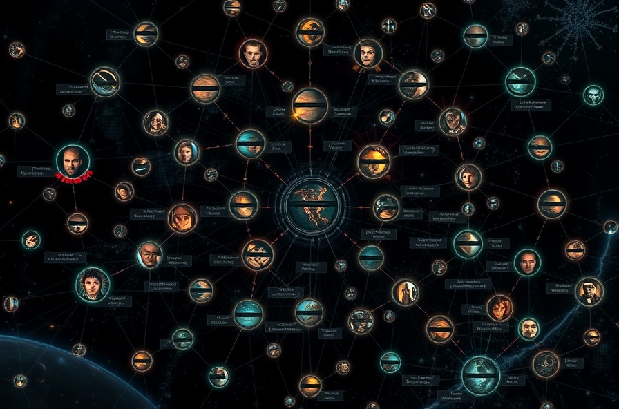 Network of interconnected lore nodes showing timelines, characters, planets, abilities, and bloodlines
