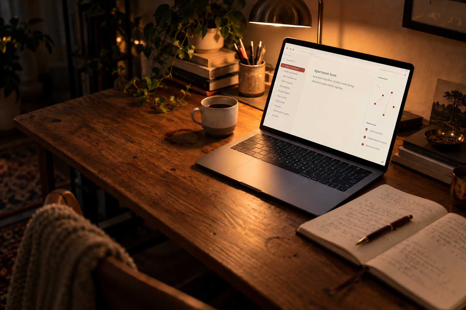 An evening desk: a laptop open to the Marrow notebook beside a handwritten paper notebook, a pen and a mug of coffee under a brass lamp.