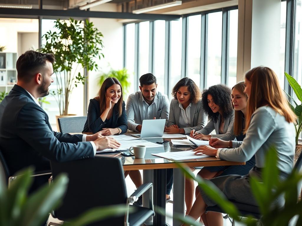 A realistic high-resolution photo of a modern office environment, showcasing a professional team meeting. The focus is on a diverse group of professionals discussing plans around a table, with documents and digital devices present. The background should be bright and inviting, with large windows allowing natural light to flood in. The color scheme should reflect the primary color rgb(50, 170, 39), incorporating elements of greenery or plants to enhance the atmosphere.