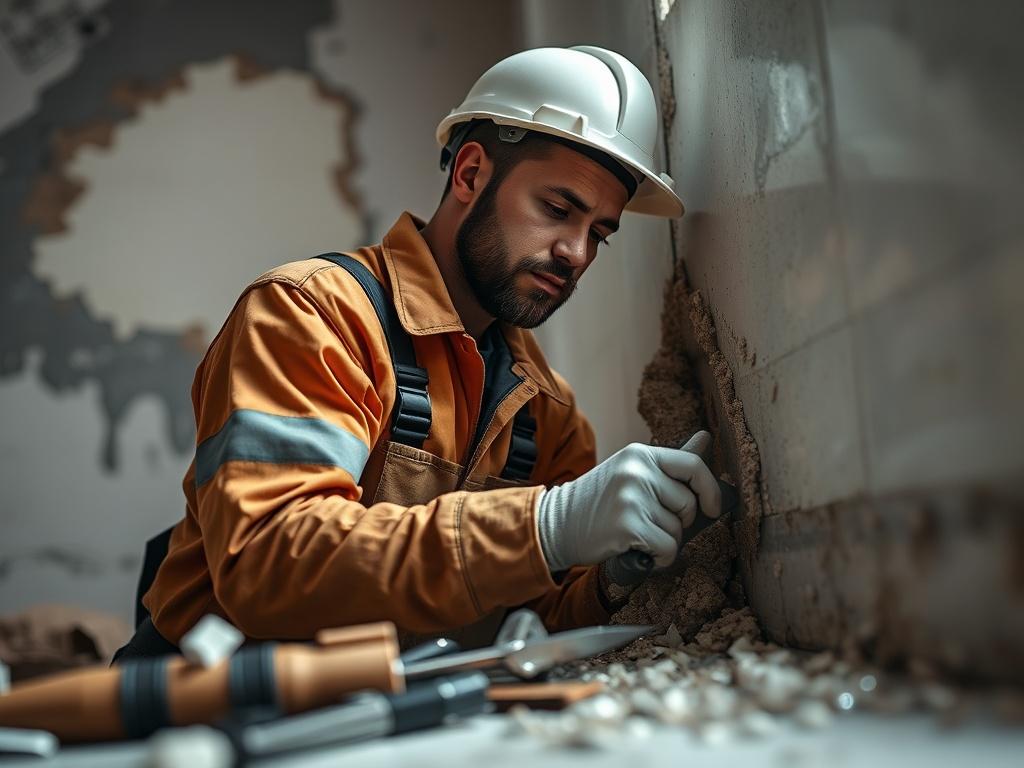 A close-up shot of a construction worker repairing a wall in a building that was damaged by water. The worker is focused on their task, surrounded by tools and materials. The background should be slightly blurred to emphasize the restoration process. Soft lighting enhances the professional atmosphere.