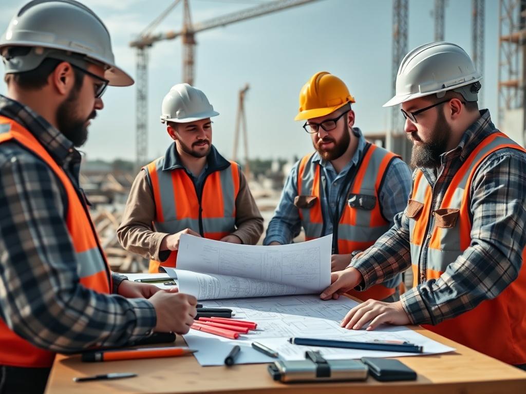 A close-up shot of a project manager reviewing plans with contractors at a construction site. The scene should depict collaboration and efficiency, highlighting tools and blueprints on a table. The background should show ongoing construction work, symbolizing coordination of multiple trades.