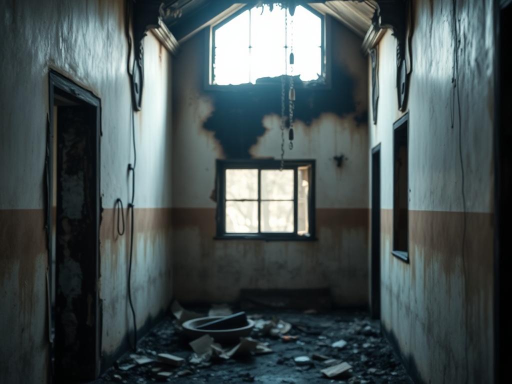 A close-up shot of a damaged building interior after a fire, showcasing burnt walls and water damage. The focus should be on a single area with clear signs of restoration work in progress. Soft lighting should create a somber yet hopeful atmosphere, emphasizing the need for professional damage restoration.
