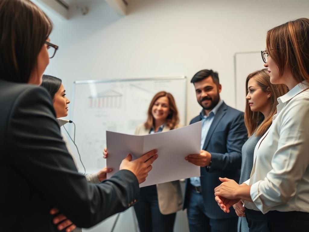 A close-up shot of a professional team meeting in a modern office environment, discussing damage restoration plans. The image should showcase a diverse group of professionals, emphasizing collaboration and expertise. The background should include a whiteboard with diagrams and plans related to building restoration. The composition should be clear and focused, capturing the essence of teamwork and efficiency in the insurance damage handling process.