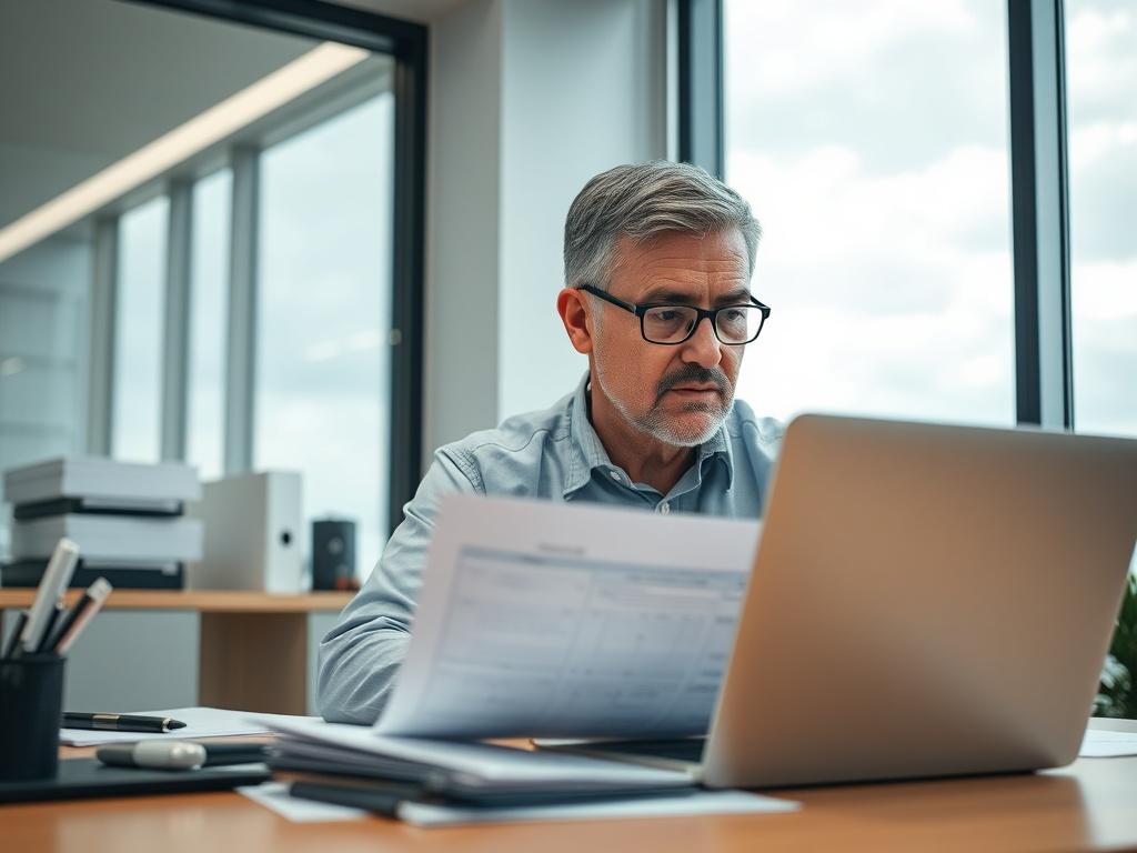 A realistic high-resolution photo of a professional in an office environment, reviewing documents related to insurance claims. The subject is a middle-aged individual, focused on a laptop and surrounded by organized paperwork. The background features a clean desk with a few office supplies, and a window showing a cloudy sky outside. The image should convey a sense of professionalism and efficiency, with a close-up shot using a 45mm f/1.2 lens style, complemented by the primary color rgb(50, 170, 39).