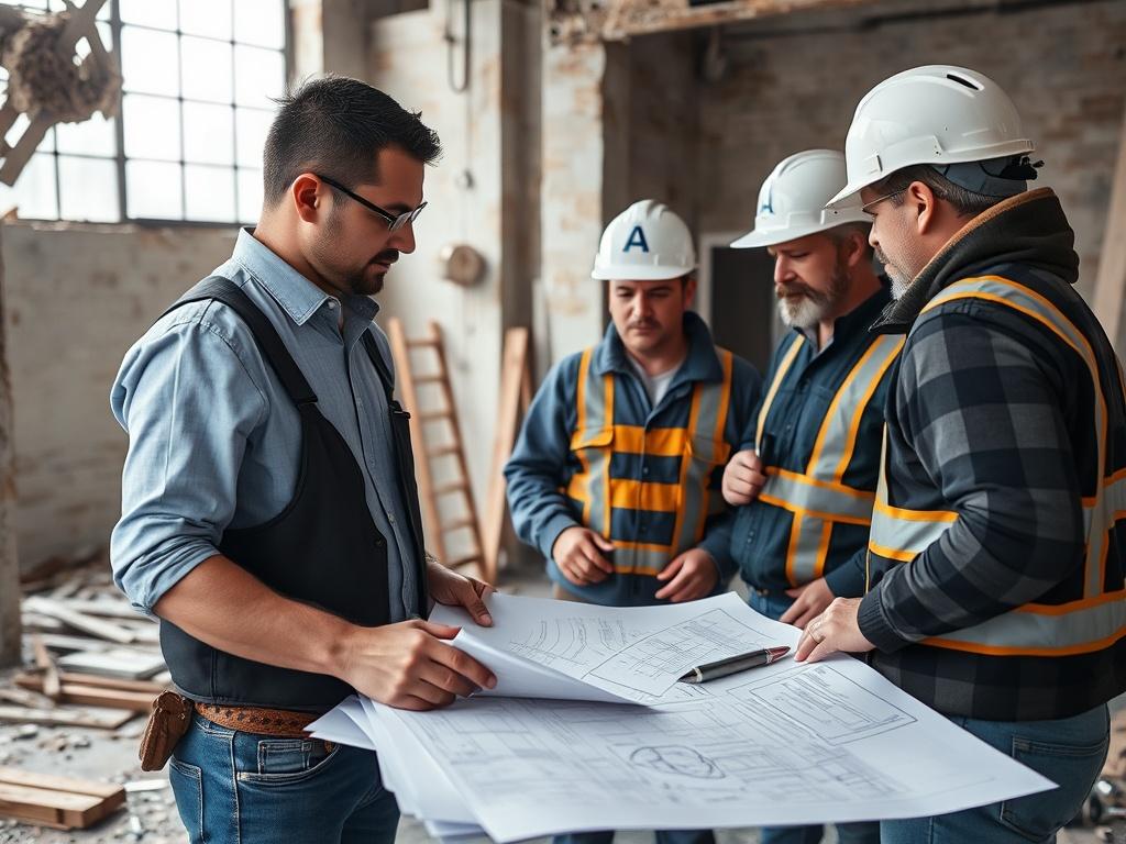 A close-up, hyper-realistic photo of a project manager coordinating restoration work in a damaged building. The image shows the manager discussing plans with various contractors, with blueprints and tools visible. The focus is on the collaboration and communication aspect, highlighting the importance of effective coordination in restoration projects.