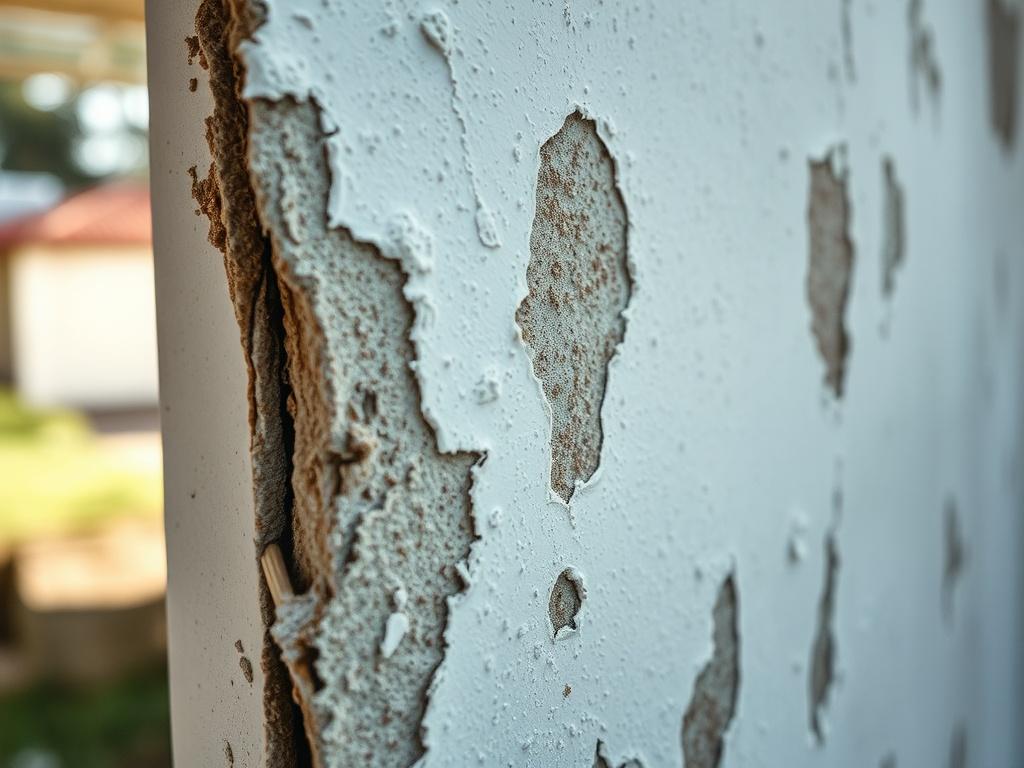 A hyper-realistic close-up shot of a water-damaged wall with peeling paint and moisture stains. The focus should highlight the texture of the damaged wall, showcasing the effects of water exposure. The background should be blurred to emphasize the wall, with natural lighting to create a realistic atmosphere. Shot with a 45mm f/1.2 lens.
