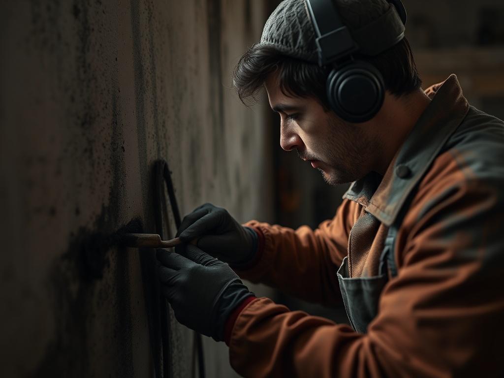A hyper-realistic close-up shot of a restoration expert cleaning soot from a wall after a fire. The image captures the intensity of the work, with soot-covered surfaces and specialized cleaning tools in the background. The setting reflects the aftermath of a fire, emphasizing the restoration process.