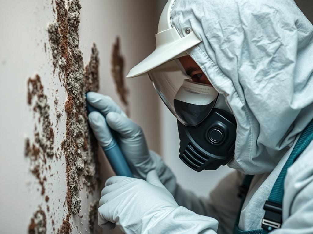A detailed close-up of a technician in protective gear removing mold from a wall. The focus is on the technician's careful approach, with mold visible and specialized cleaning tools in the background. The setting emphasizes the importance of health and safety during the remediation process.