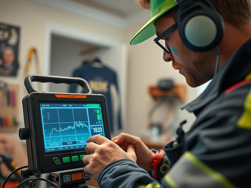 A close-up shot of a technician using advanced leak detection equipment in a residential setting. The technician is focused on a digital display showing leak data, surrounded by tools and a well-lit room. The background is blurred, emphasizing the technician and the equipment. The colors in the image are vibrant and the primary green color (rgb(50, 170, 39)) is subtly present in the tools or environment.