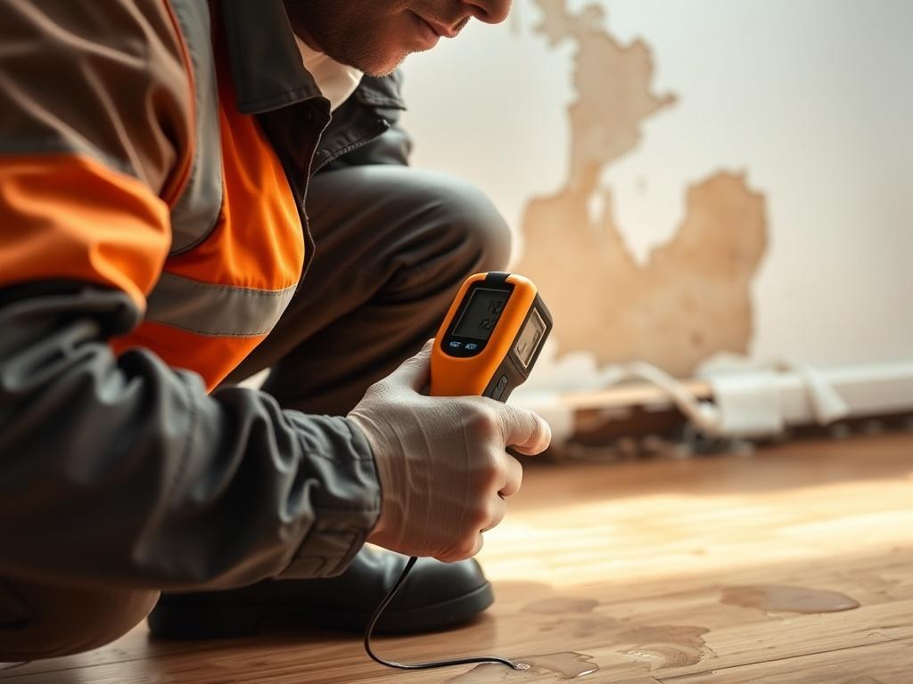 A close-up shot of a professional technician inspecting water damage in a home, with visible water stains on the wall and floor. The technician is using a moisture meter, and the background shows a partially dried area. The lighting is bright, emphasizing the importance of the inspection process.