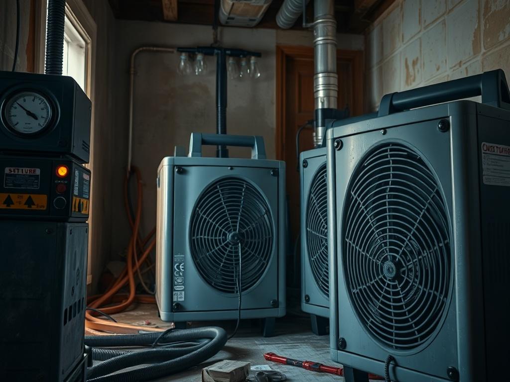 A close-up shot of high-powered drying equipment set up in a water-damaged room, with visible moisture meters and tools around. The focus is on the equipment actively working, showing water extraction and drying in process. The lighting highlights the urgency of the drying process.