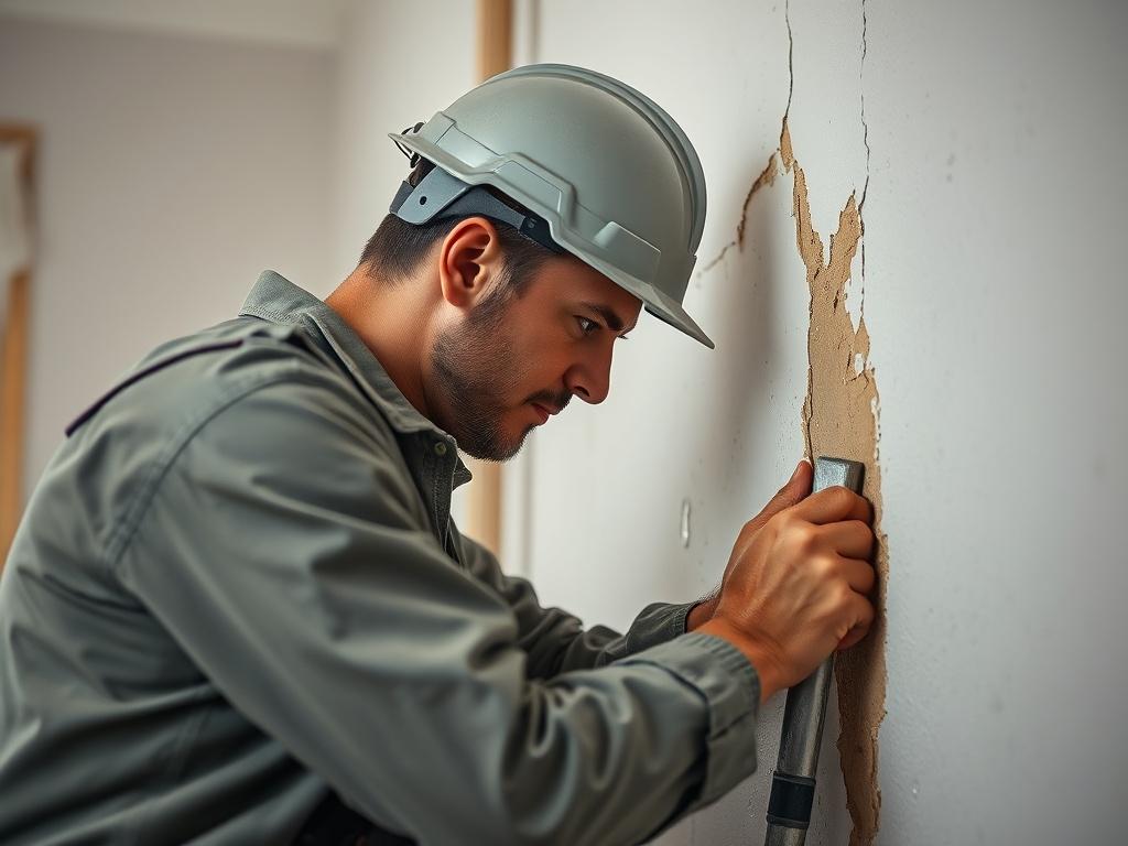 A close-up shot of a contractor repairing a water-damaged wall, with construction materials and tools around. The focus is on the contractor working diligently, showcasing the restoration process. The lighting enhances the atmosphere of renewal and repair.