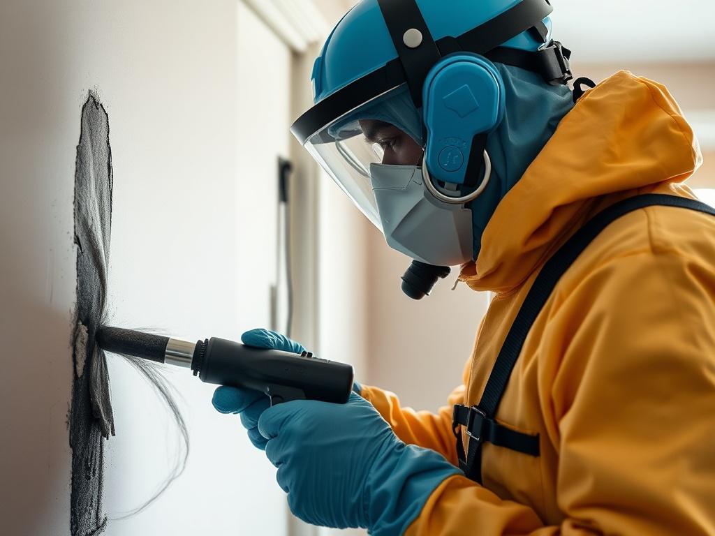 A close-up shot of a professional cleaning technician in protective gear, using specialized equipment to clean soot and smoke damage from a wall in a home after a fire. The focus is on the technician’s meticulous work, showcasing tools and the affected area, with a clean, bright background to emphasize restoration.