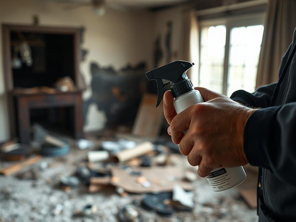 A close-up shot of a technician applying a specialized odor neutralizing spray in a room affected by fire. The focus is on the technician’s hands and the product being used, with a blurred background showing the remnants of fire damage, emphasizing the restoration process.