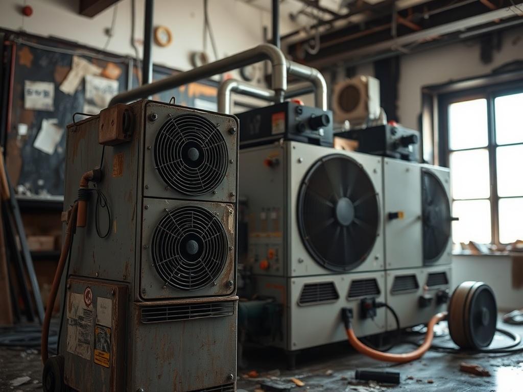 A close-up shot of industrial drying equipment in a room after a fire, focusing on water extraction and drying processes. The background should show the remnants of fire damage, with the drying equipment prominently displayed, highlighting the restoration effort.