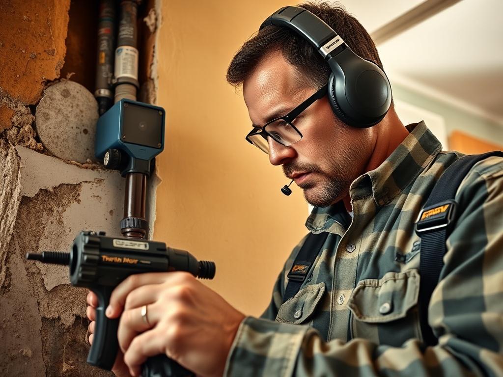 A hyper-realistic close-up shot of a technician using advanced leak detection equipment in a residential setting. The technician is focused, examining a wall with specialized tools. The background shows a partially open wall revealing pipes, with hints of water damage. The lighting is natural, emphasizing the details of the technician's work and the equipment, with a primary color theme of rgb(50, 170, 39). The image conveys professionalism and precision in leak detection.