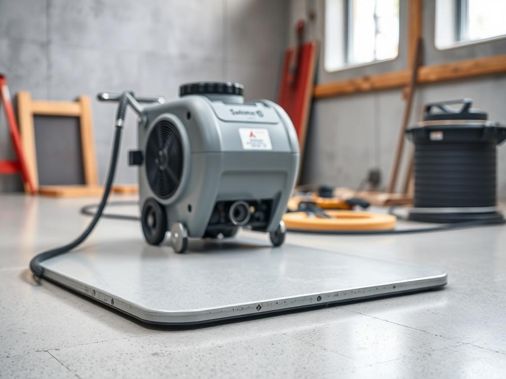 A close-up view of a drying machine set up on a freshly laid screed floor, showcasing the advanced technology used for screed drying. The background should reflect a construction site atmosphere with tools and materials around, emphasizing the importance of quick drying in renovation.