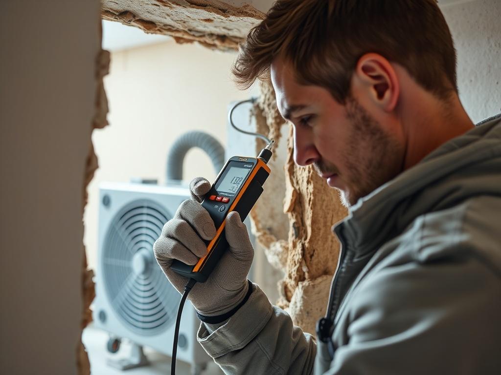 A high-resolution image showing a technician using a moisture meter inside a wall cavity, with a specialized drying device in the background. The focus should be on the technician's careful measurement of moisture levels, and the setting should be a partially demolished wall, illustrating the drying process.
