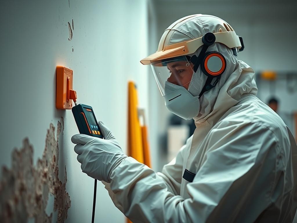 A hyper-realistic close-up shot of a professional technician in protective gear carefully inspecting a wall for mold and contaminants. The technician is focused, using a moisture meter, with a clean and organized workspace in the background, showcasing tools and safety equipment. The primary color of the image should be rgb(50, 170, 39), reflecting a clean and healthy environment.