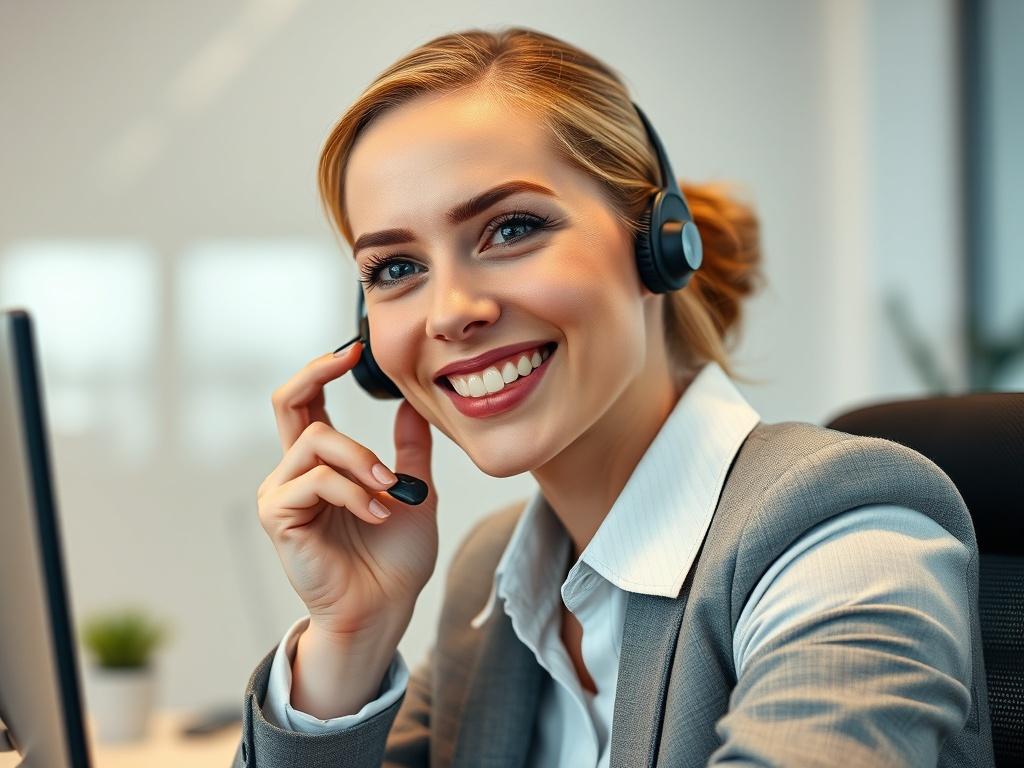 A realistic high-resolution photo of a professional looking person in an office setting, smiling while on the phone with a headset. The background should be simple, focusing on the person, who is representing B&T Schadenservice OHG as a single point of contact for clients. The image should have a warm and inviting atmosphere, showcasing professionalism and approachability. The color scheme should incorporate rgb(50, 170, 39) as a subtle accent.