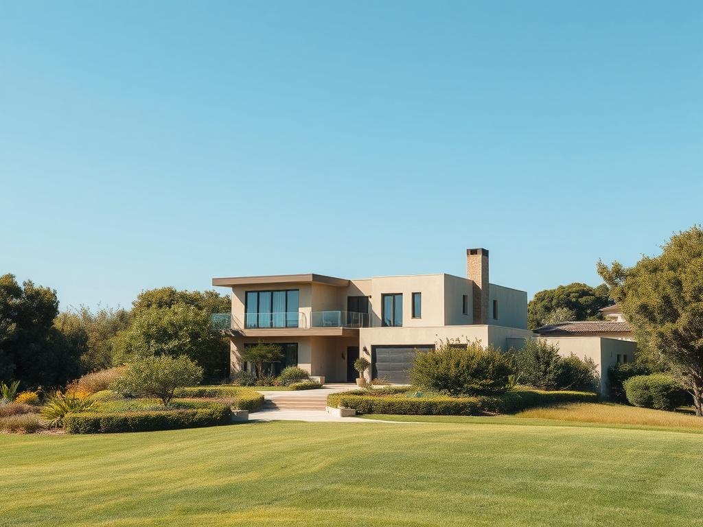 A serene landscape featuring a beautiful modern housing estate surrounded
