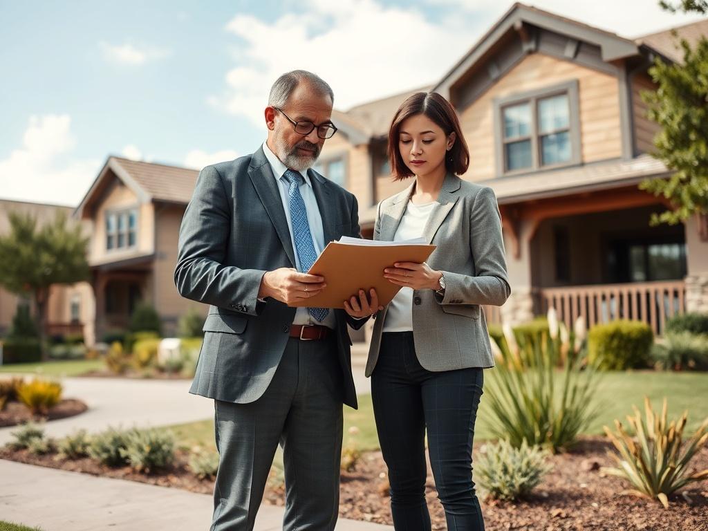 A professional property manager reviewing documents while standing in front
