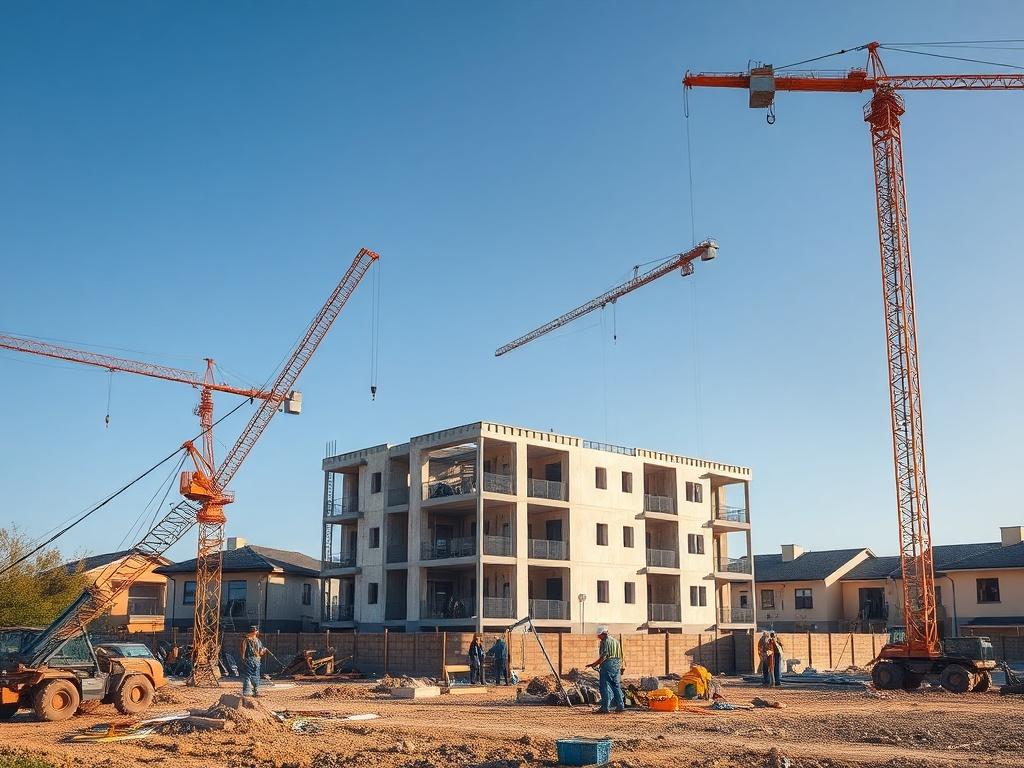A construction site with cranes and builders working on a