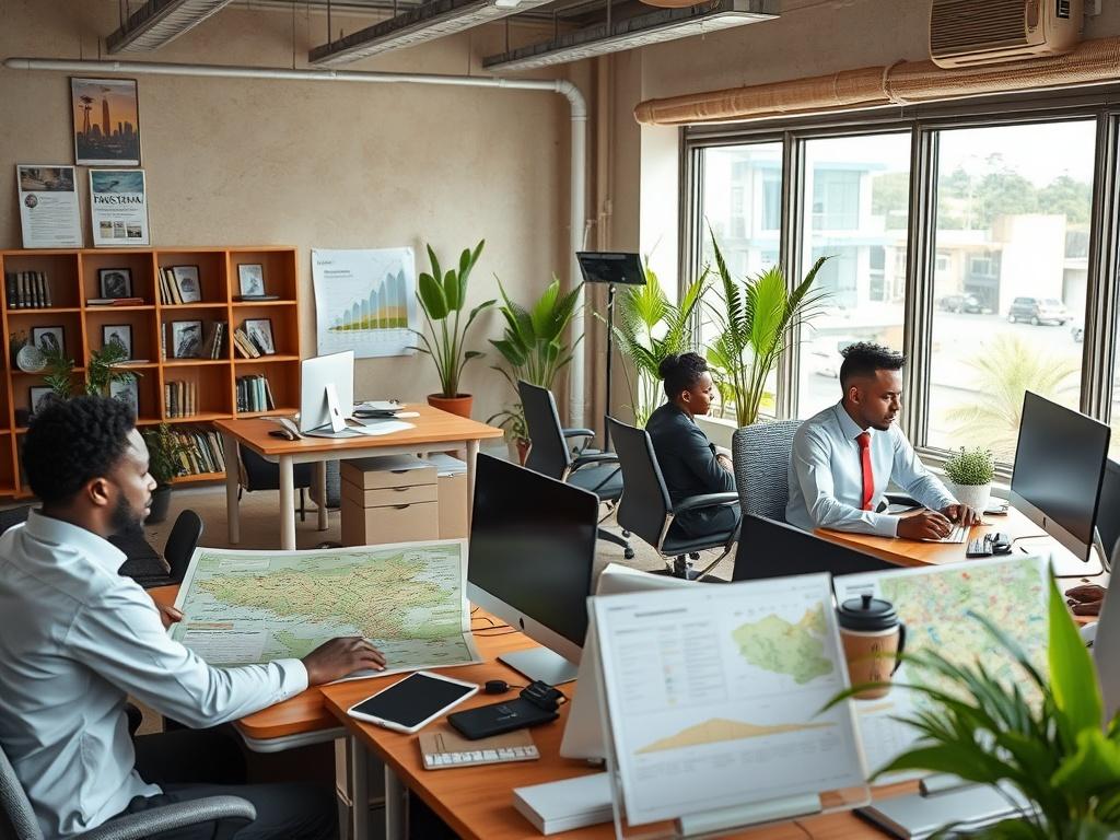 A realistic high resolution of a bustling real estate office