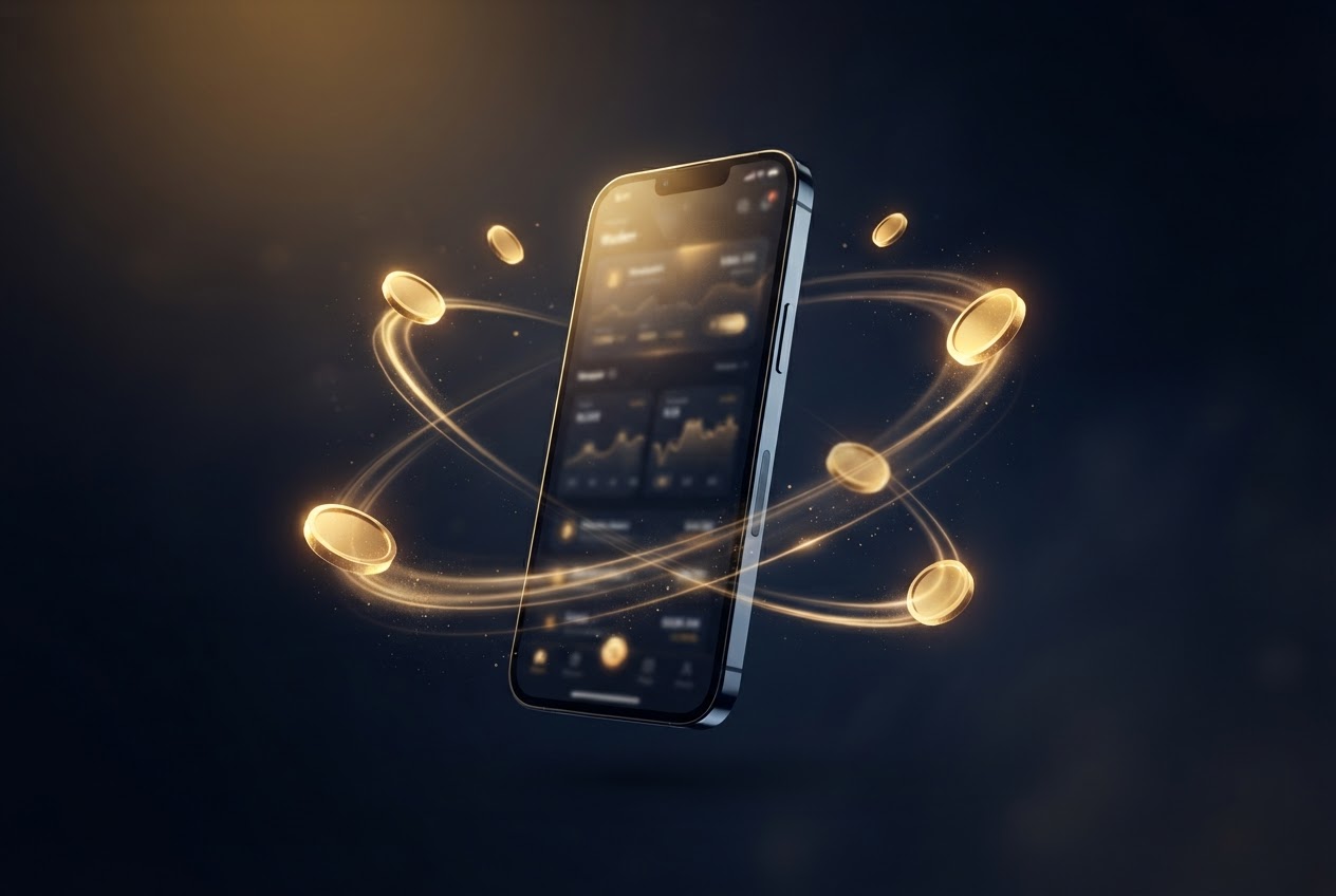 A smartphone displaying a modern crypto wallet, surrounded by warm golden light