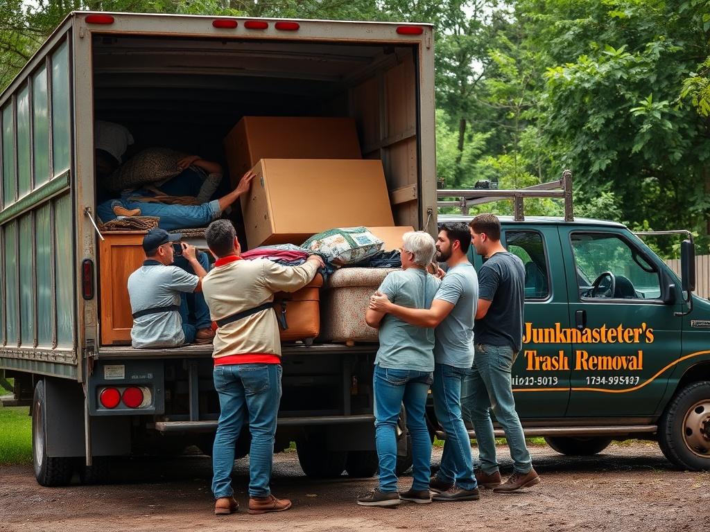 A family-owned junk removal team in action, showcasing a diverse group of individuals loading furniture and debris into a truck. The scene captures the teamwork and camaraderie as they work together, surrounded by a lush green outdoor setting. The truck is parked nearby, displaying the branding of Junkmasters Trash Removal. The overall atmosphere is warm and inviting, highlighting a sense of community and professionalism, with natural earthy textures and tones.