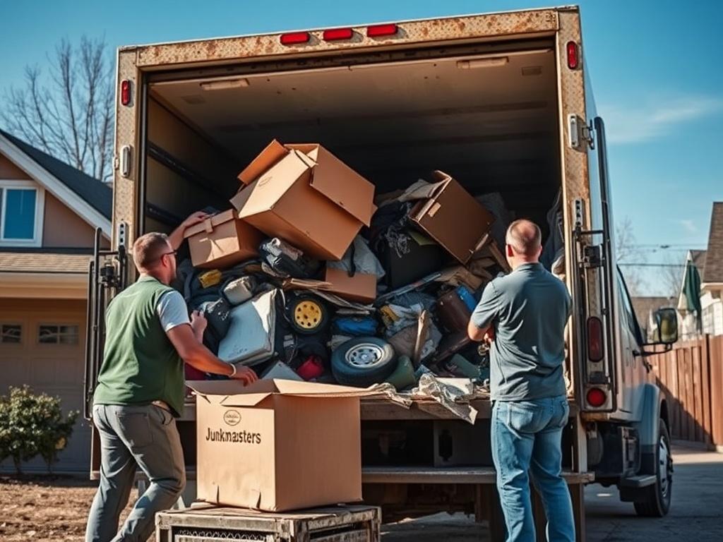 A Junkmasters Trash Removal team member loading junk into a truck, demonstrating teamwork and efficiency. The background features a residential setting with a clear blue sky. The image should capture the action and professionalism of the junk removal process.