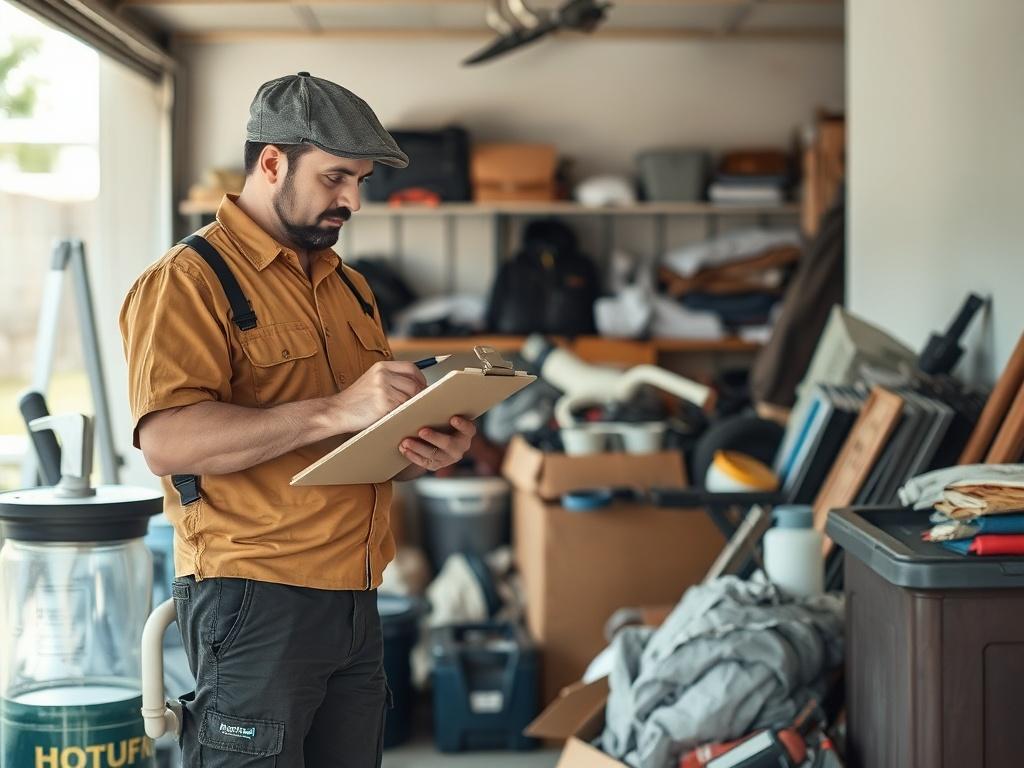 A Junkmasters Trash Removal team member inspecting a variety of junk items in a residential garage. The scene includes various household items, with the team member holding a clipboard and pen. The background should be a tidy garage space, showcasing the contrast of clutter.
