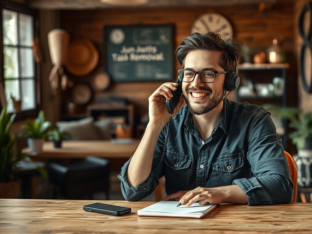 A friendly Junkmasters Trash Removal team member talking on the phone, with a notepad and pen in hand. The background features a cozy, rustic office space decorated with earthy tones. The image should convey a welcoming and professional atmosphere.