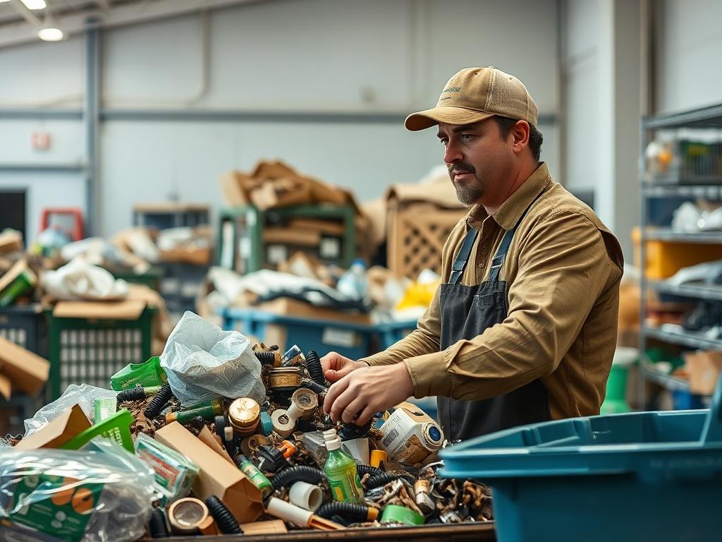 A Junkmasters Trash Removal team member sorting through items in a recycling facility, emphasizing sustainability. The background features a clean, organized recycling area. The image should highlight the importance of recycling and responsible waste management.