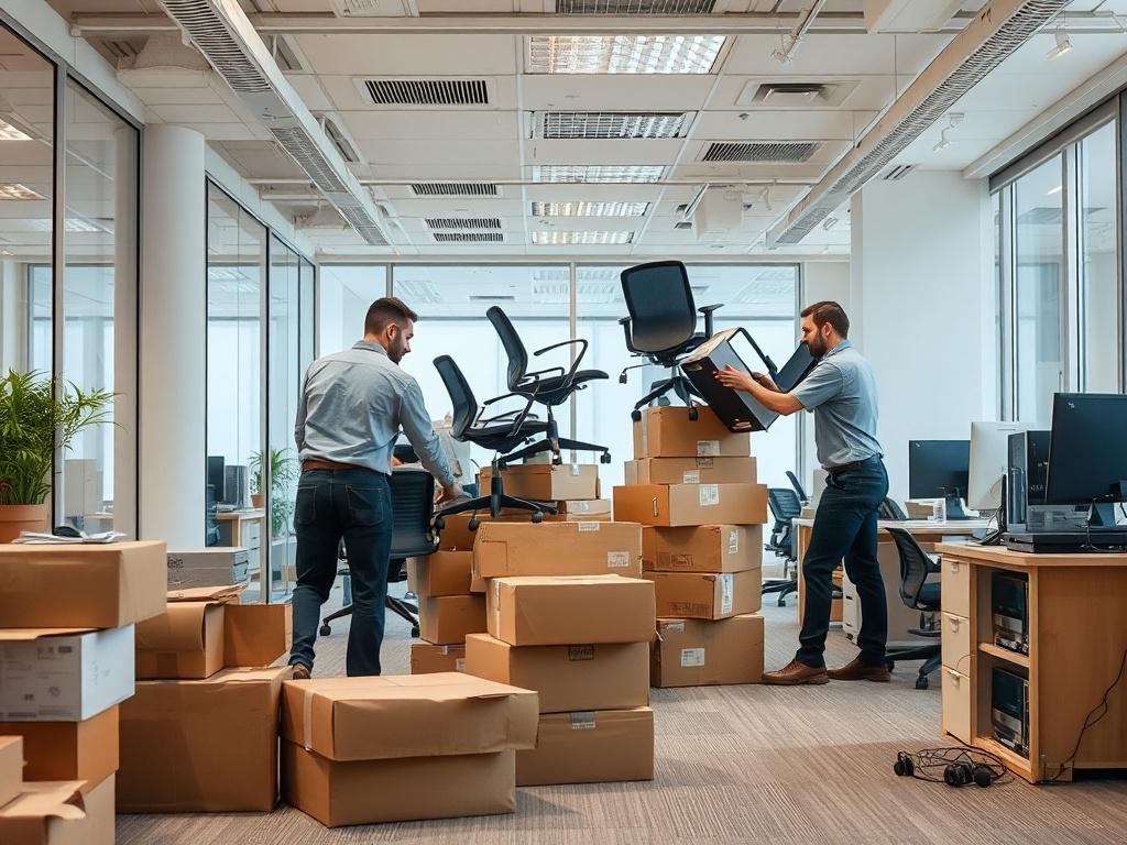 A professional junk removal crew clearing out an office space