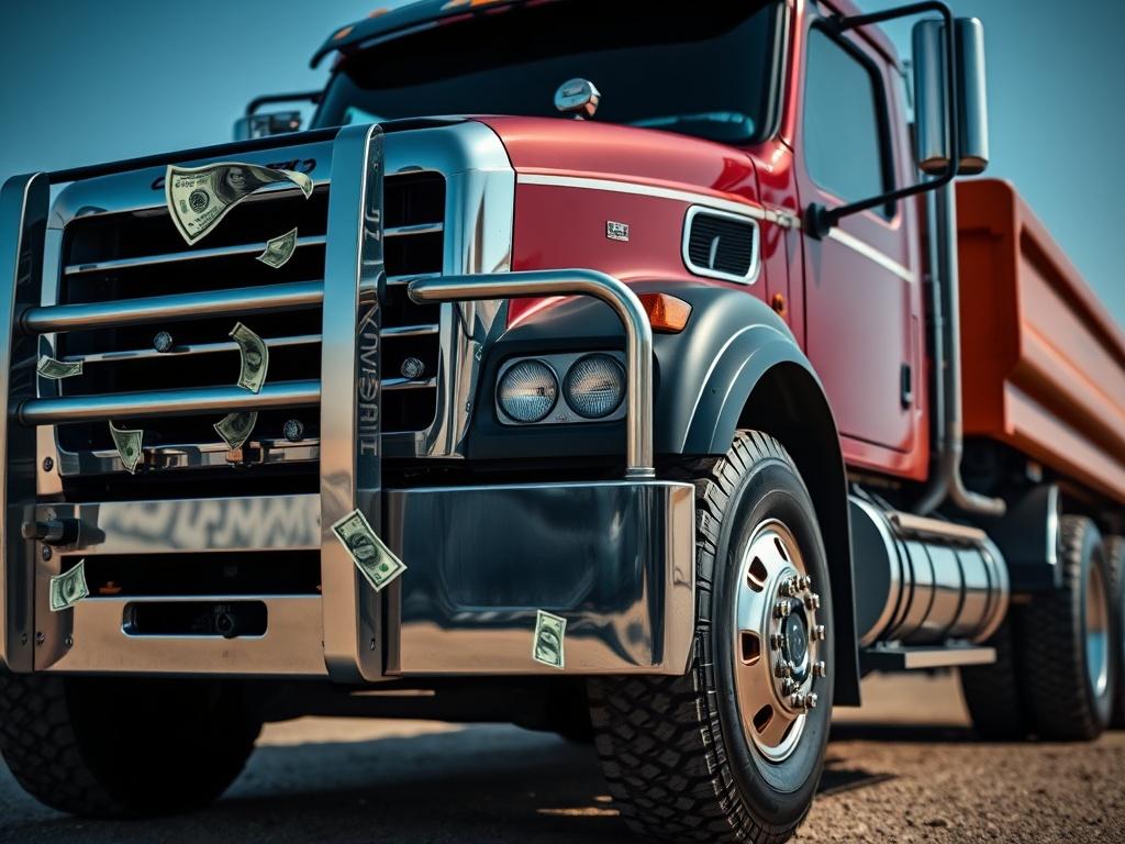 A hyper-realistic close-up shot of a powerful truck, enhanced by a lively money effect animation overlay. The background should be minimalistic, drawing attention to the truck’s robust features while the animated money effect visually emphasizes the value being revealed.