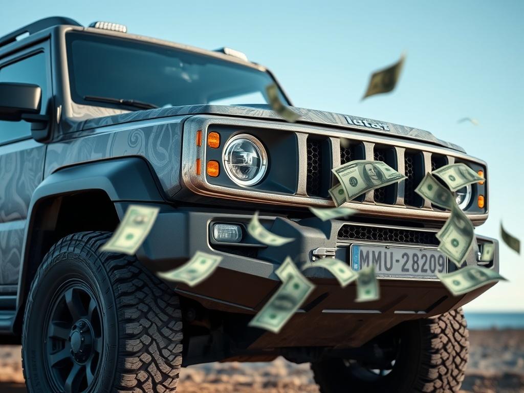 A hyper-realistic close-up shot of a rugged SUV, complemented by a dynamic money effect animation overlay. The backdrop should be clean and simple, focusing on the SUV’s distinctive features while the animated money effect enhances the display of its value.